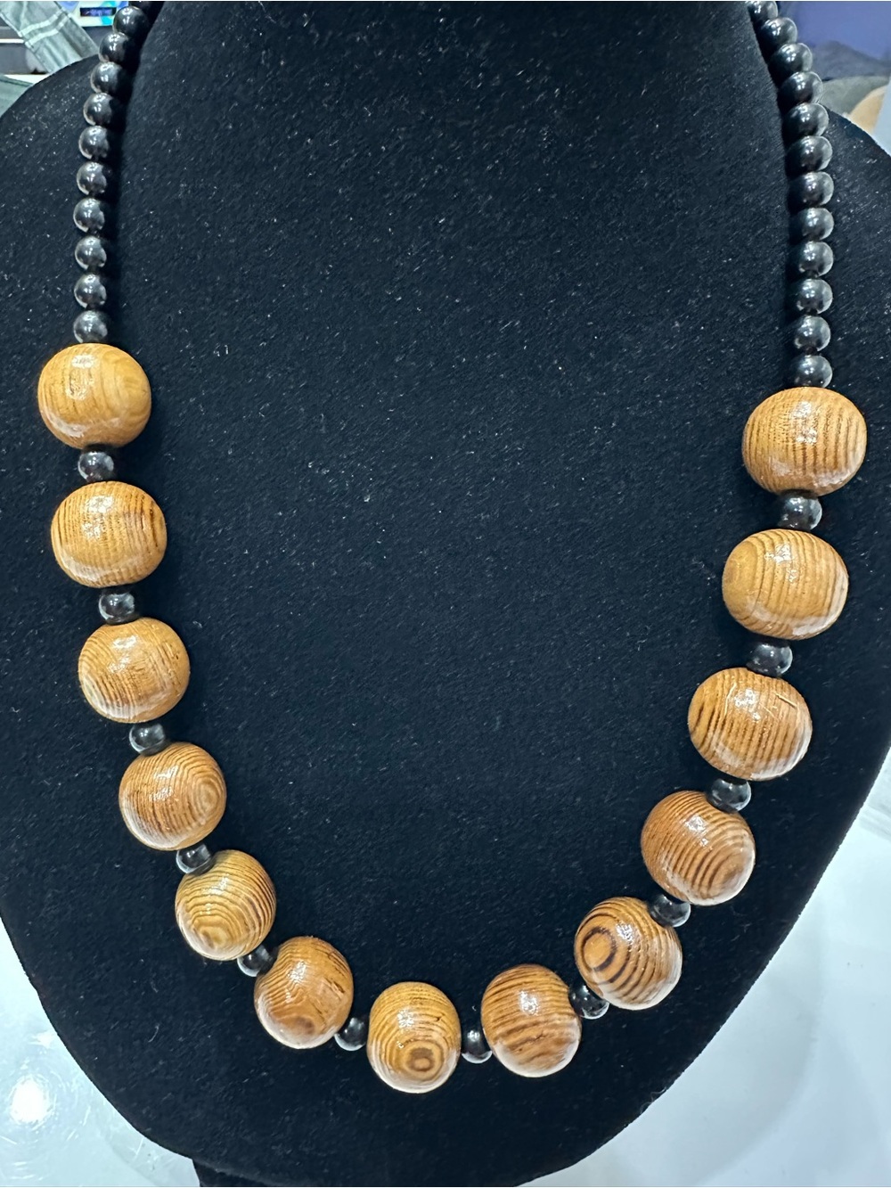 Vintage Boho Chunky Natural Wood Bead Statement Necklace Black Glass Accent